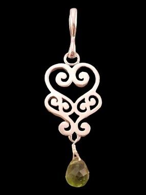 Barse Heart Scroll Swirl Dangle Faceted Peridot Drop Sterling  Pendant -NEW